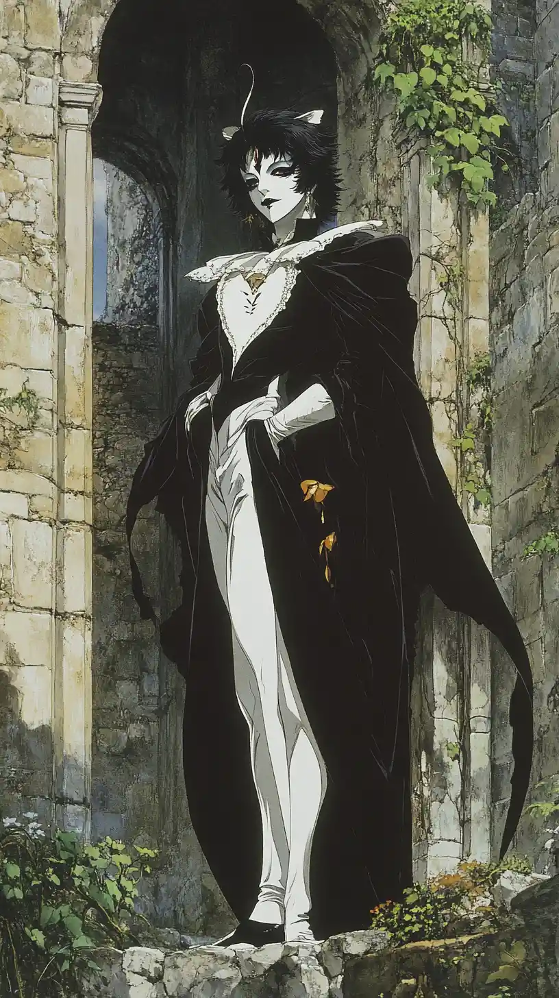 Harlequin Figure In Black And White Amid Castle Ruins