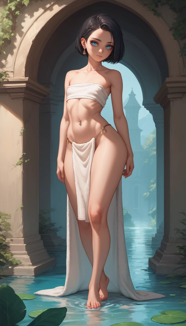 Full body young woman posing in front of modern house