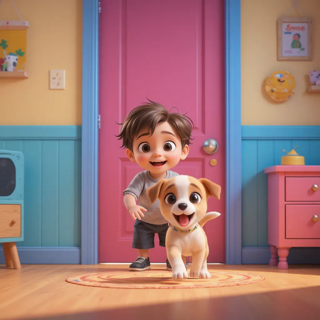 Curious boy opening a door in a colorful kids room