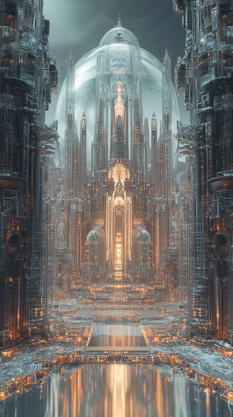 Futuristischer Glaspalast über einer symmetrischen Stadtlandschaft
