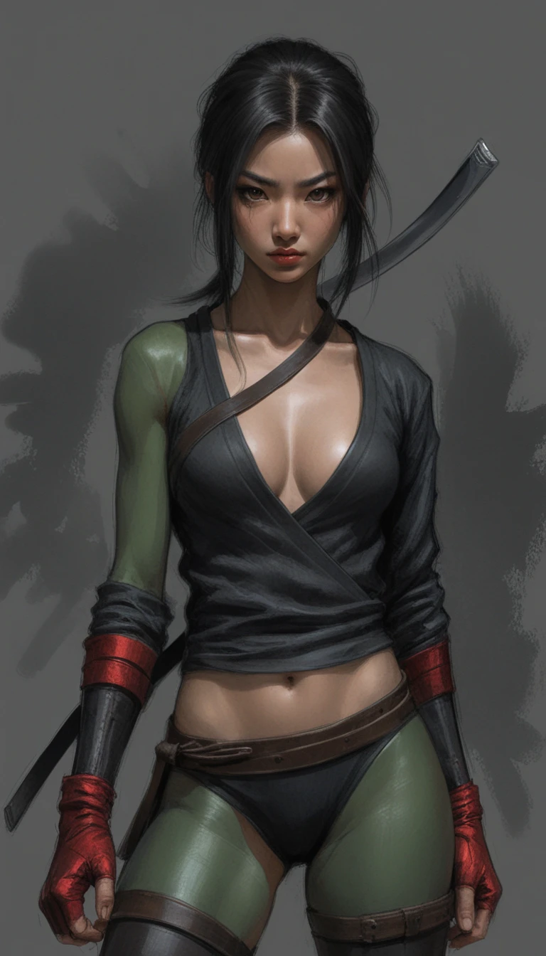 Guerreira asiática musculosa com katana na névoa escura