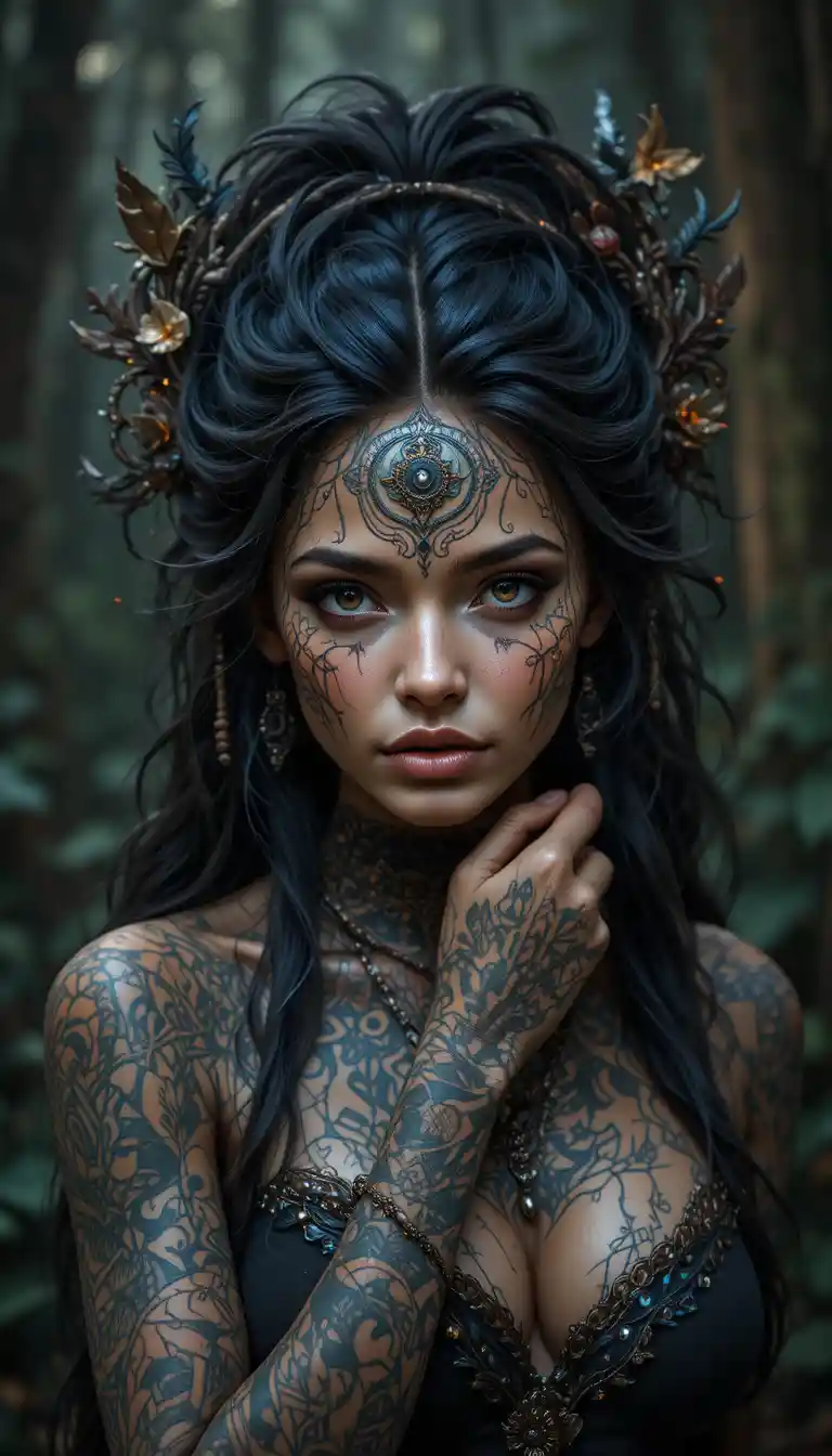 Ragazza mistica tatuata nella foresta che prepara un rituale