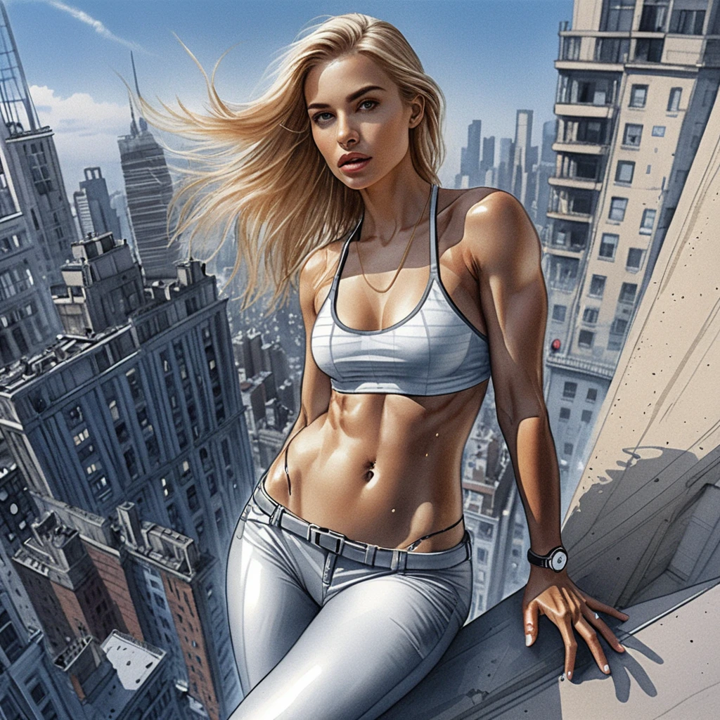 Muscular blonde heroine standing on a sunlit urban rooftop