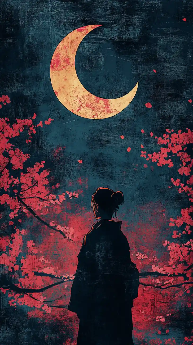 기모노를 입은 여인이 벚꽃 아래서 초승달을 바라보는 장면