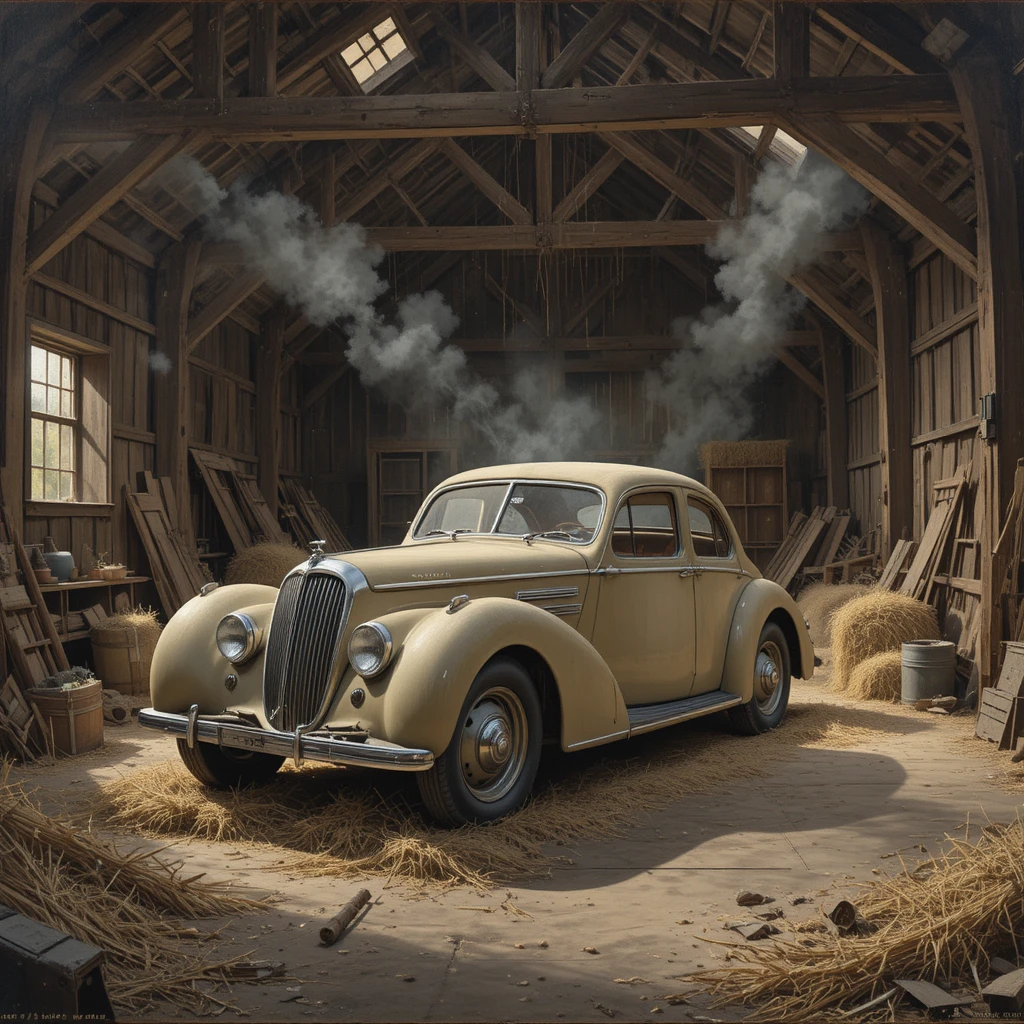 Ölgemälde eines Vintage-Autos in einer staubigen Scheune