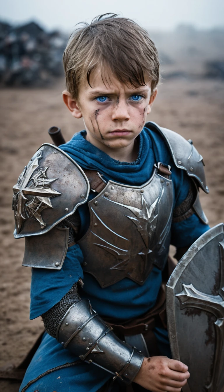 Young armored warrior kneeling with broken shield in battle