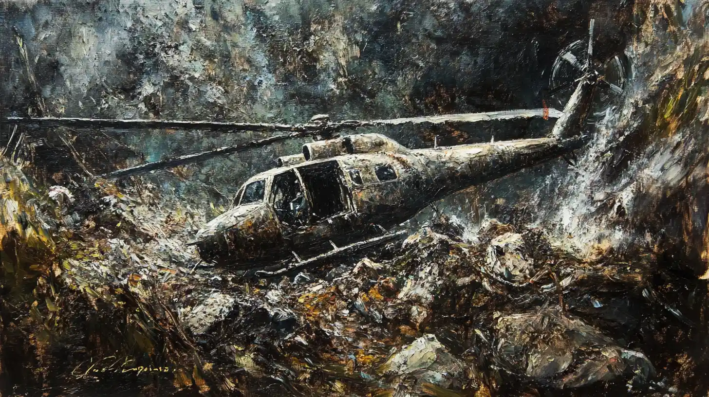 Dipinto a olio di un elicottero da combattimento precipitato in un terreno roccioso