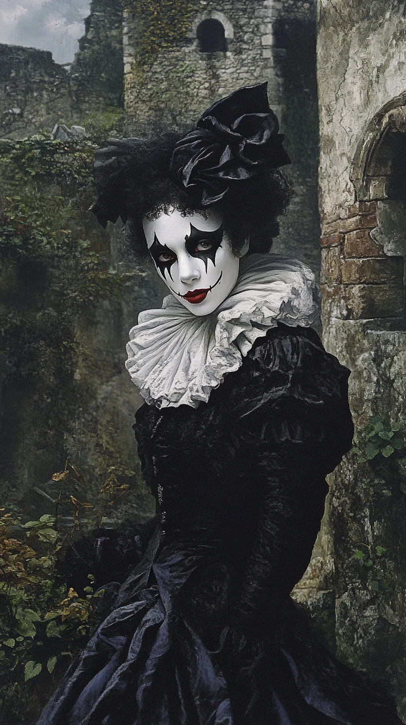 Harlequin standing alone in overgrown castle ruins