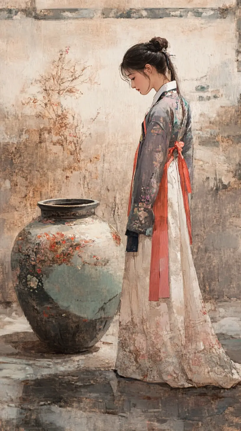 Junge Frau im koreanischen Hanbok, die eine große Keramikvase betrachtet