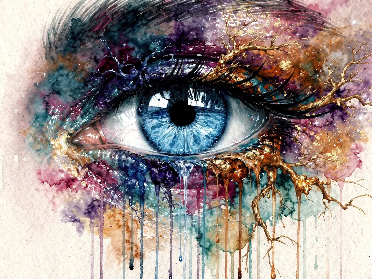Surreal close up of a blue human eye dissolving into color