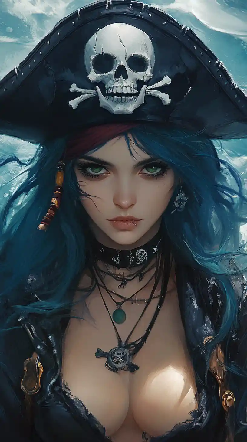 Mysterious pirate woman portrait over stormy painted sea