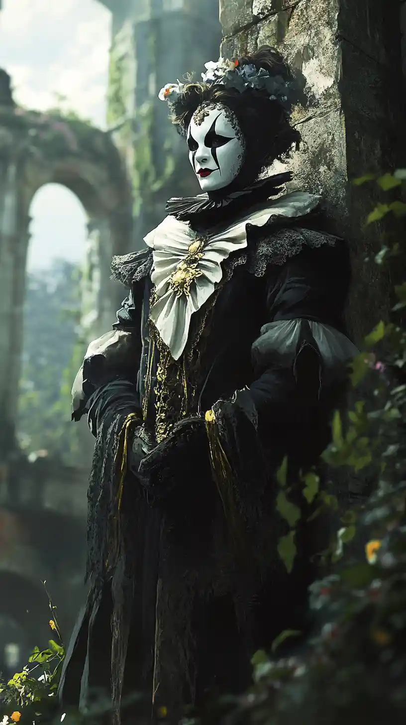 Harlequin standing alone in overgrown castle ruins