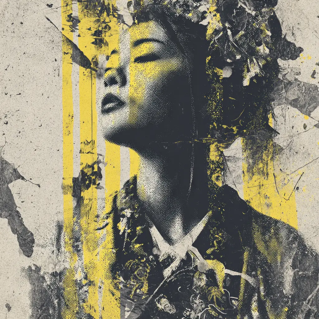 Gritty screenprint portrait of a geisha with dripping paint