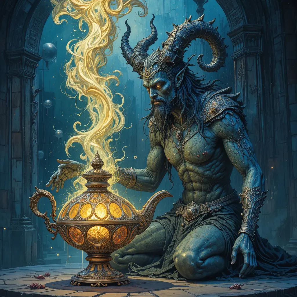 Mysterious Djinn Beside An Intricately Carved Genie Lamp