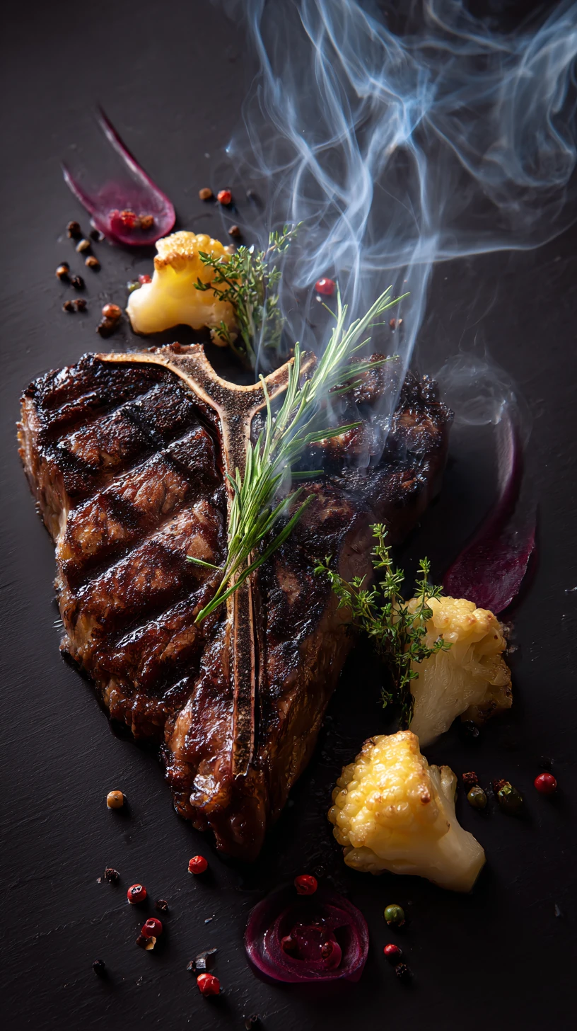 Medium rare t bone steak plated in fine dining style
