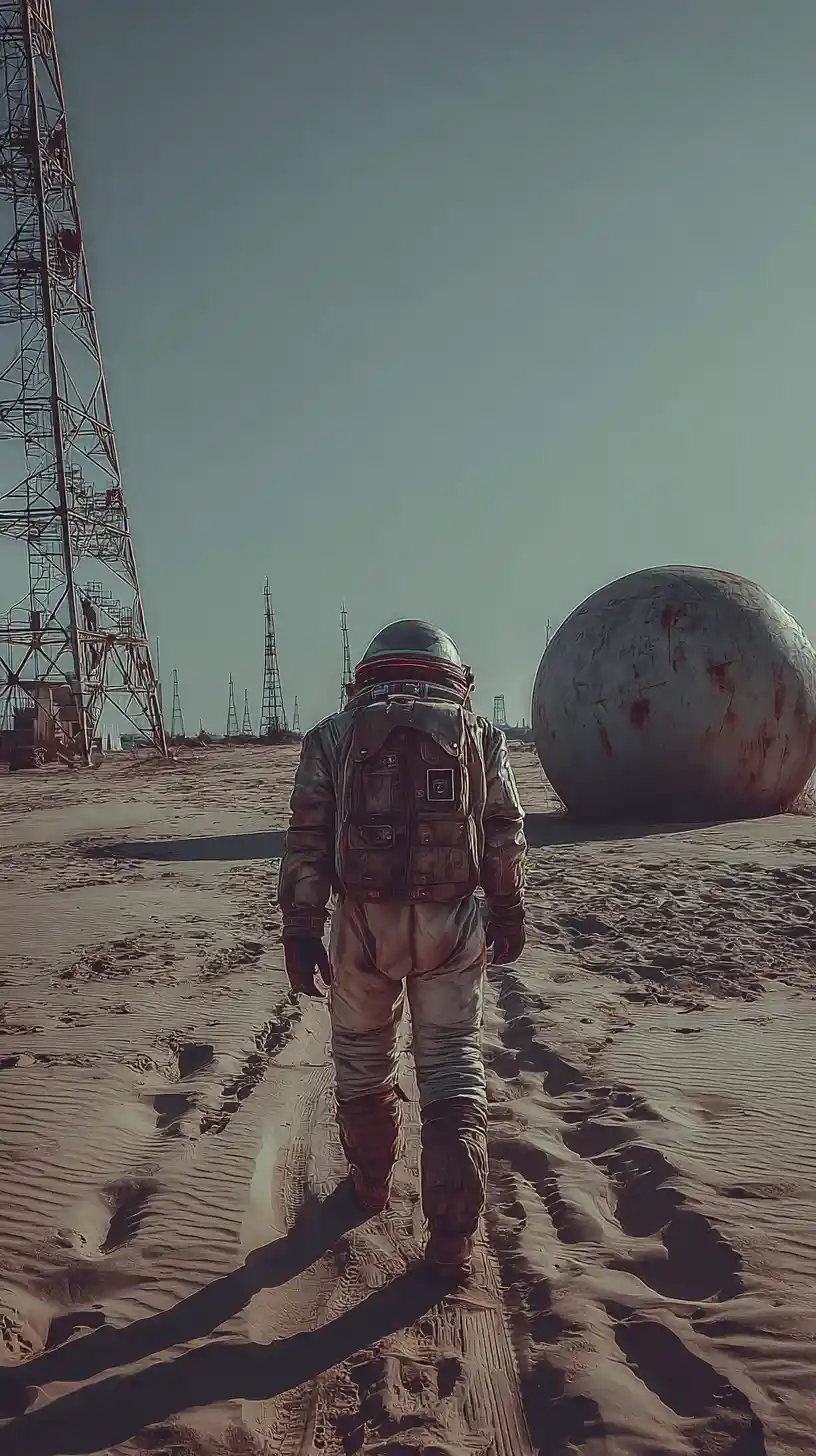 Astronaute solitaire traversant le désert vers un ancien monolithe extraterrestre