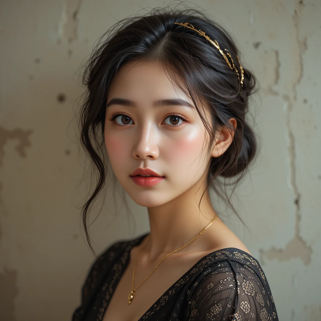 벽을 배경으로 한 부드러운 빛 속 젊은 아시아 여성 초상