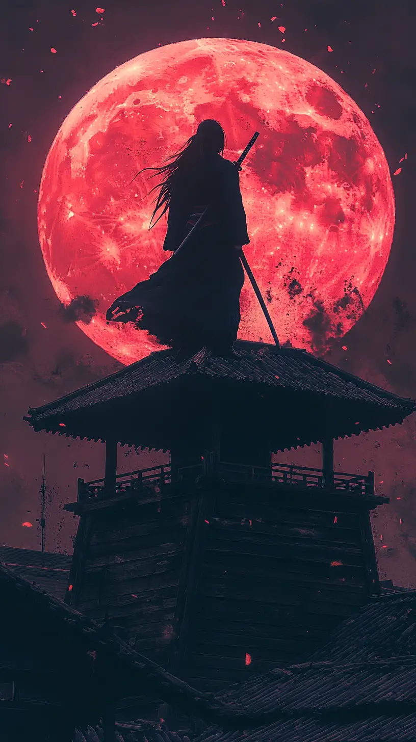 Samurai woman guarding a village under a red moon