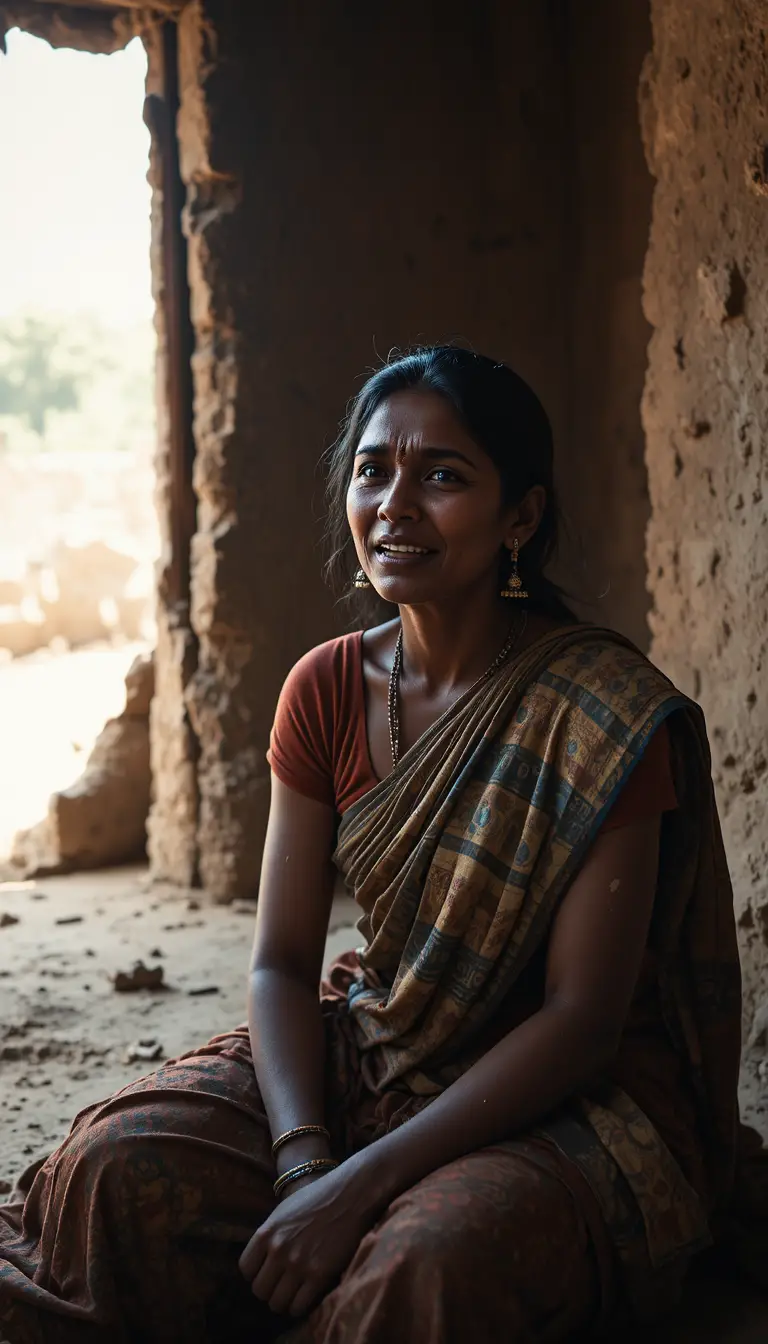 Cinematic close up of crying Indian village mother indoors