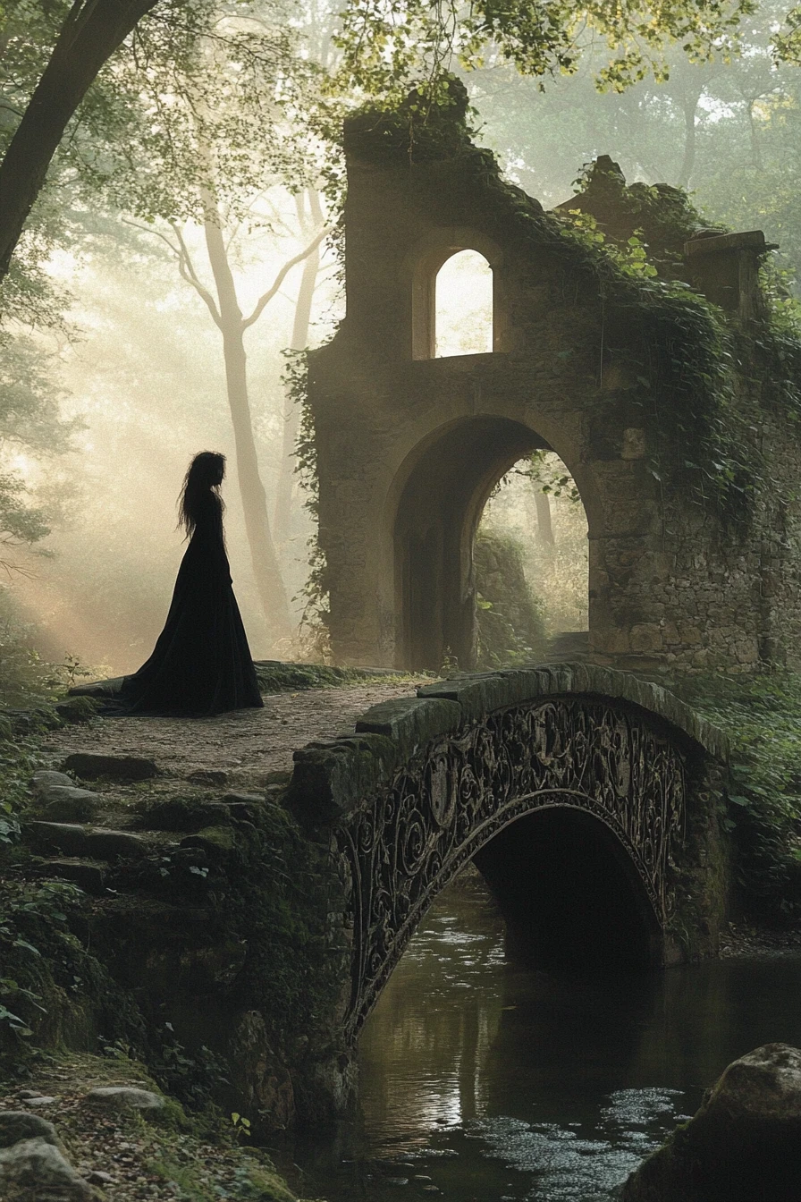 Misty Elven Ruins Bridge Over A Quiet Creek