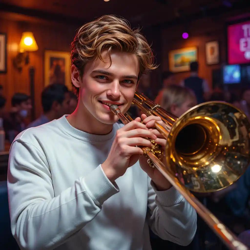 Junger Mann spielt Posaune in einem gemütlichen Jazzclub