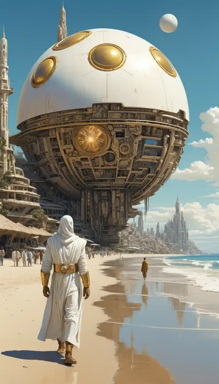 Futuristic coastal crowd walking toward a radiant golden orb