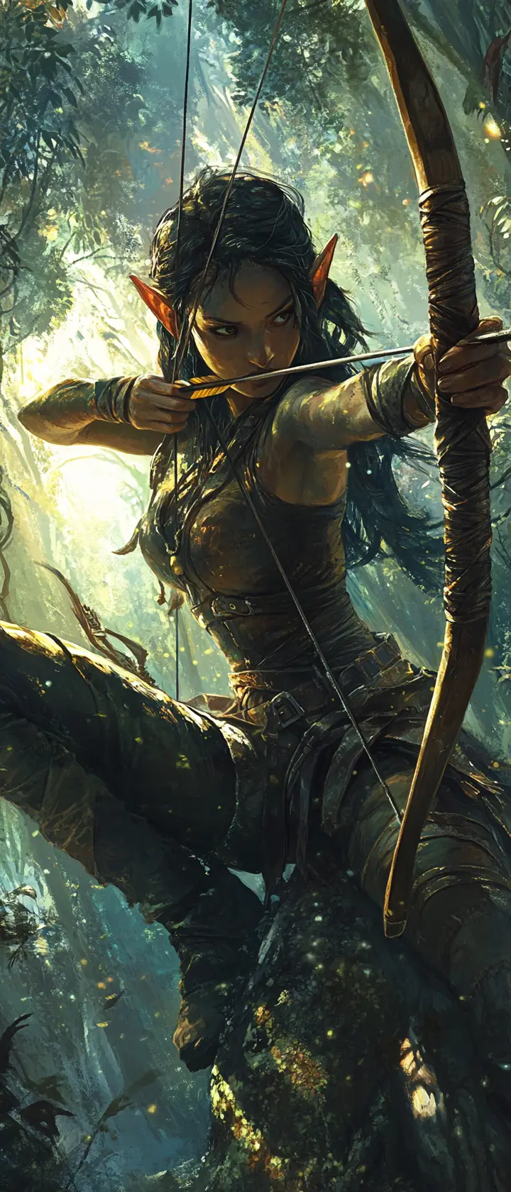 Elf archer poised on a branch in glowing forest