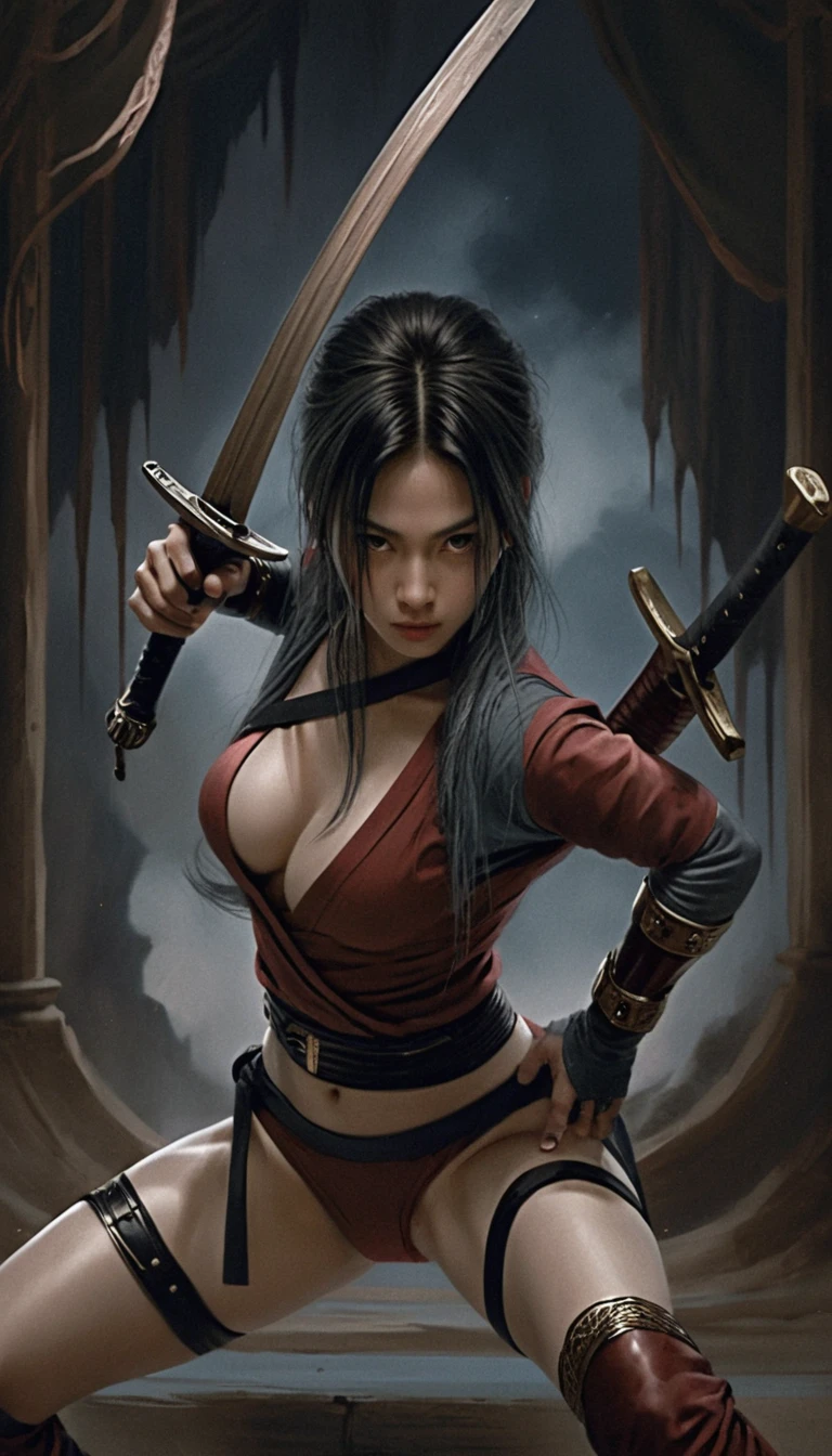 Asian warrior woman with katana in dramatic battle stance
