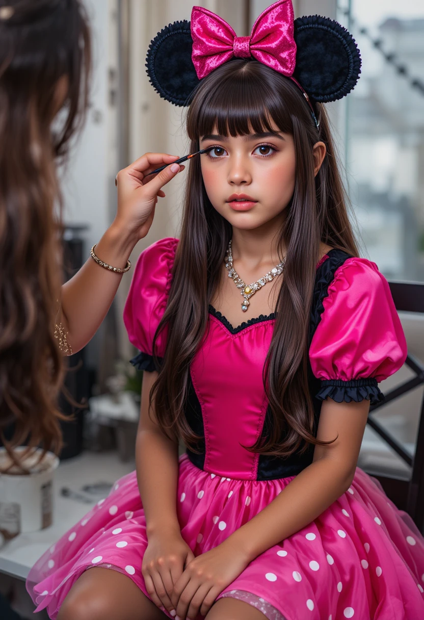 Niño aprensivo con vestido rosa de Minnie mientras le aplican maquillaje
