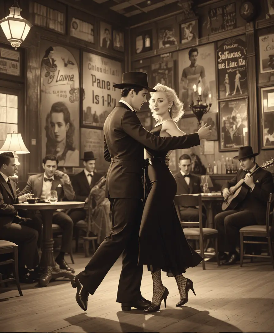 Vintage tango couple dancing in a 1930s Buenos Aires bar