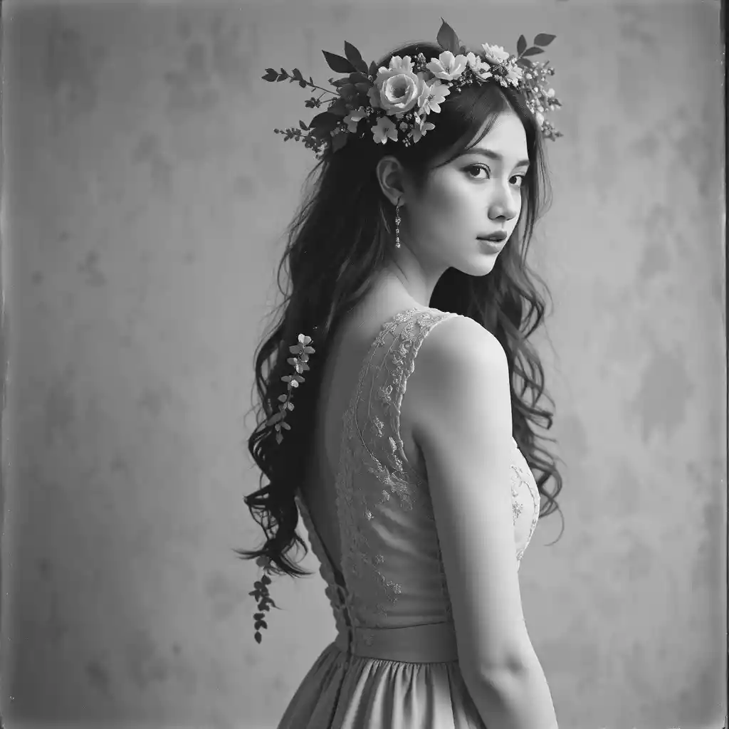 Monochrome portrait of a young woman with floral crown