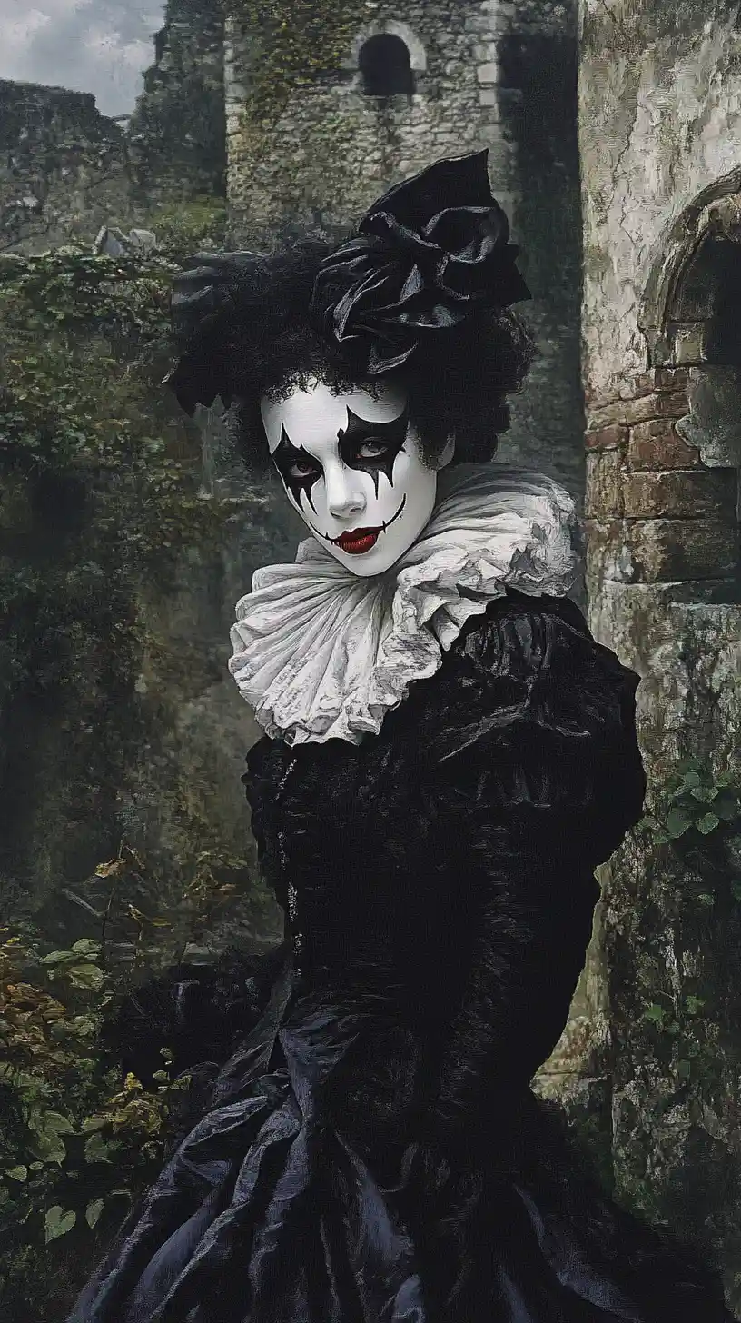 Harlequin standing alone in overgrown castle ruins