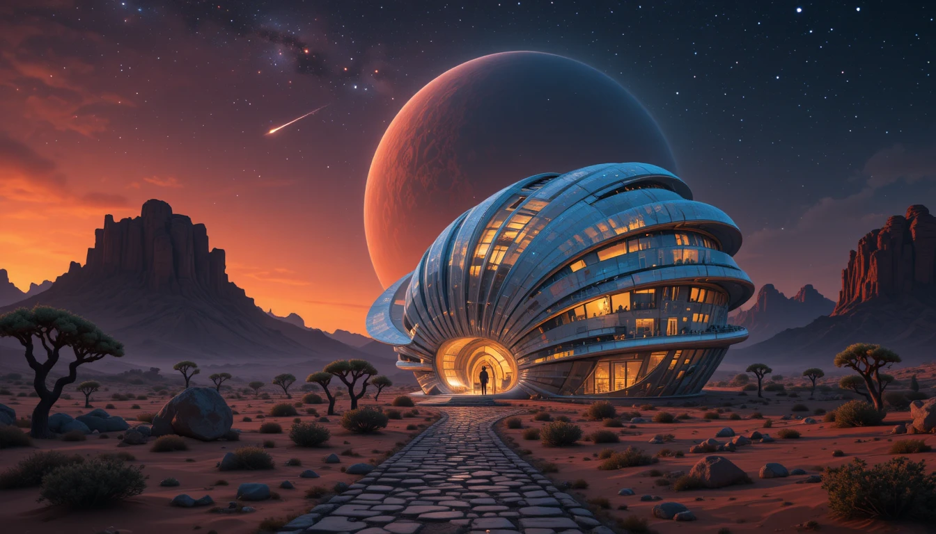 Edificio futurista en espiral en el desierto bajo un cielo estrellado y resplandeciente