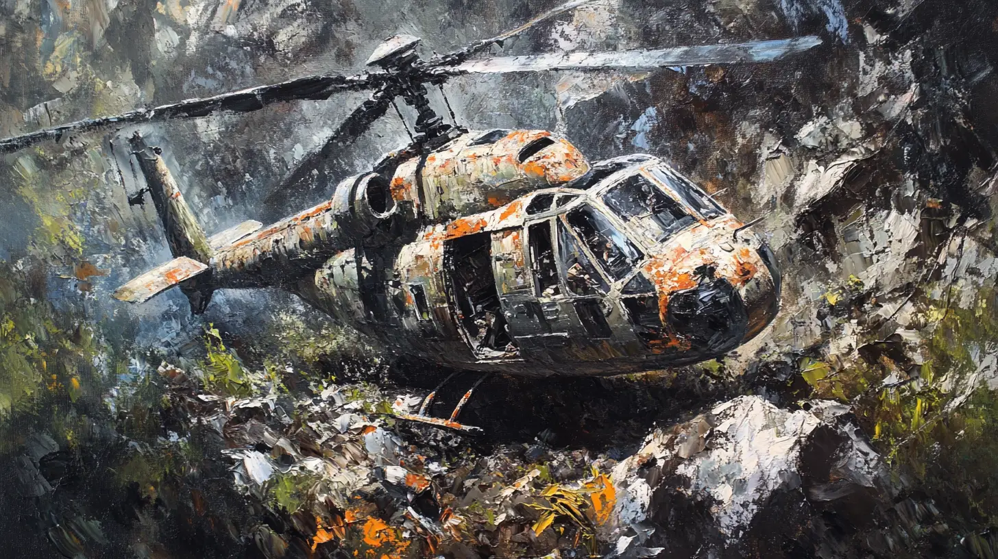 Oil painting of a ruined war helicopter in rocky wilderness