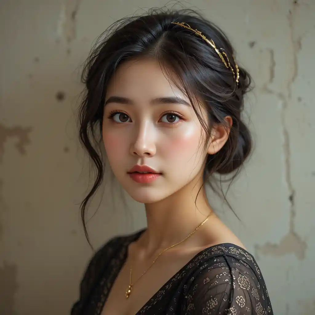 벽을 배경으로 한 부드러운 빛 속 젊은 아시아 여성 초상