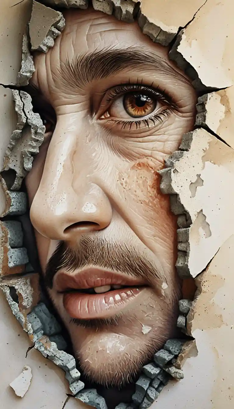Fragmented elderly male face in mixed media close up