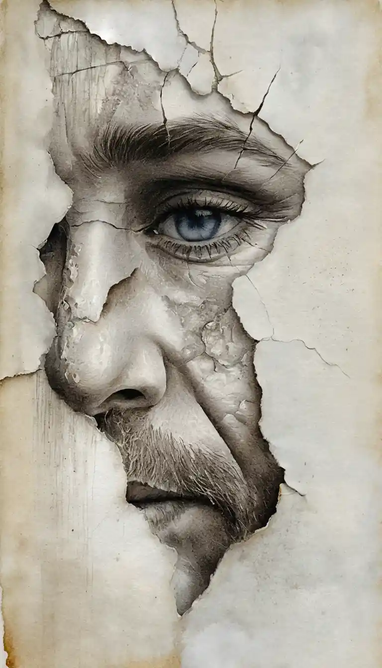 Fragmented elderly male face in mixed media close up