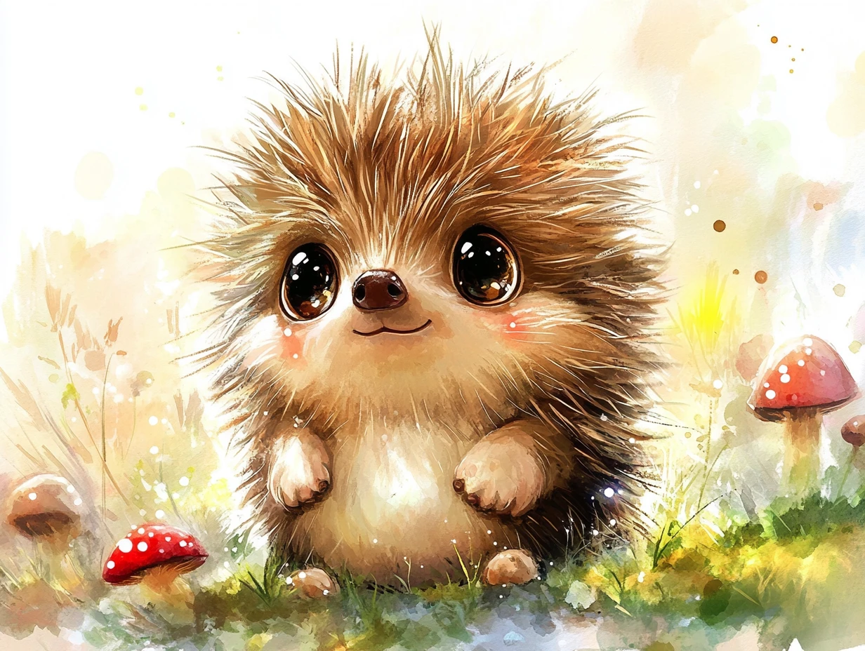 Cute Baby Hedgehog Watercolor With Glowing Fantasy Forest