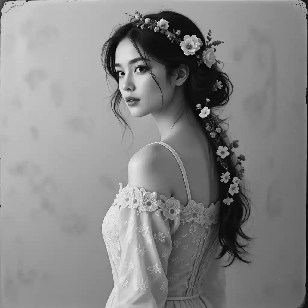 Monochrome portrait of a young woman with floral crown