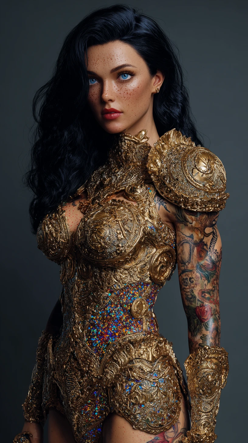 Muscular Arabian sci fi warrior woman in golden armor