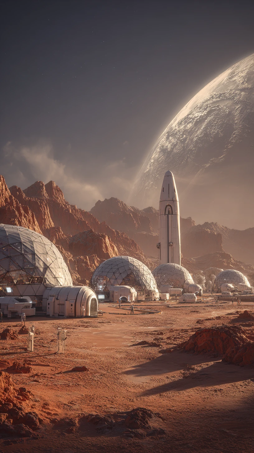 Futuristic Mars colony with domes and landing starships