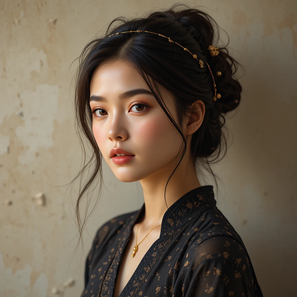 Porträt einer gelassenen jungen asiatischen Frau im weichen warmen Licht