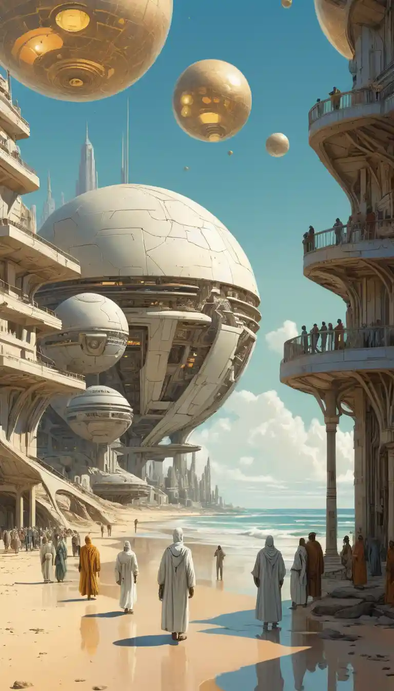 Futuristic crowd in white robes on a tropical shore