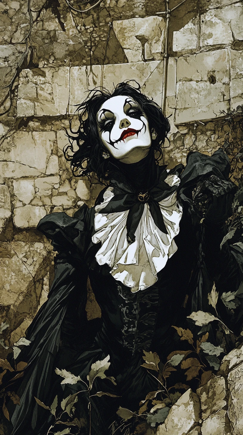 Harlequin figure in overgrown ruins of a dark castle