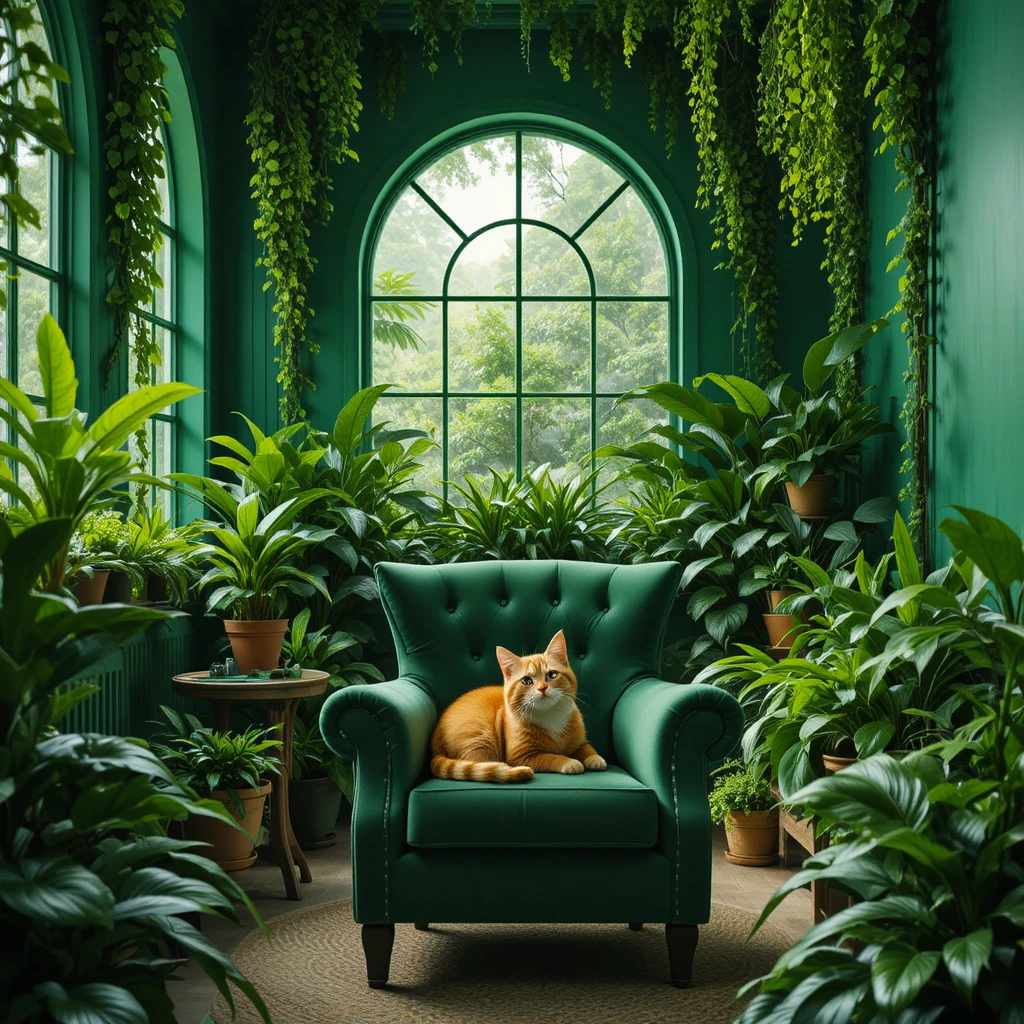 Gato atigrado naranja relajado en un sillón verde en una habitación estilo jungla