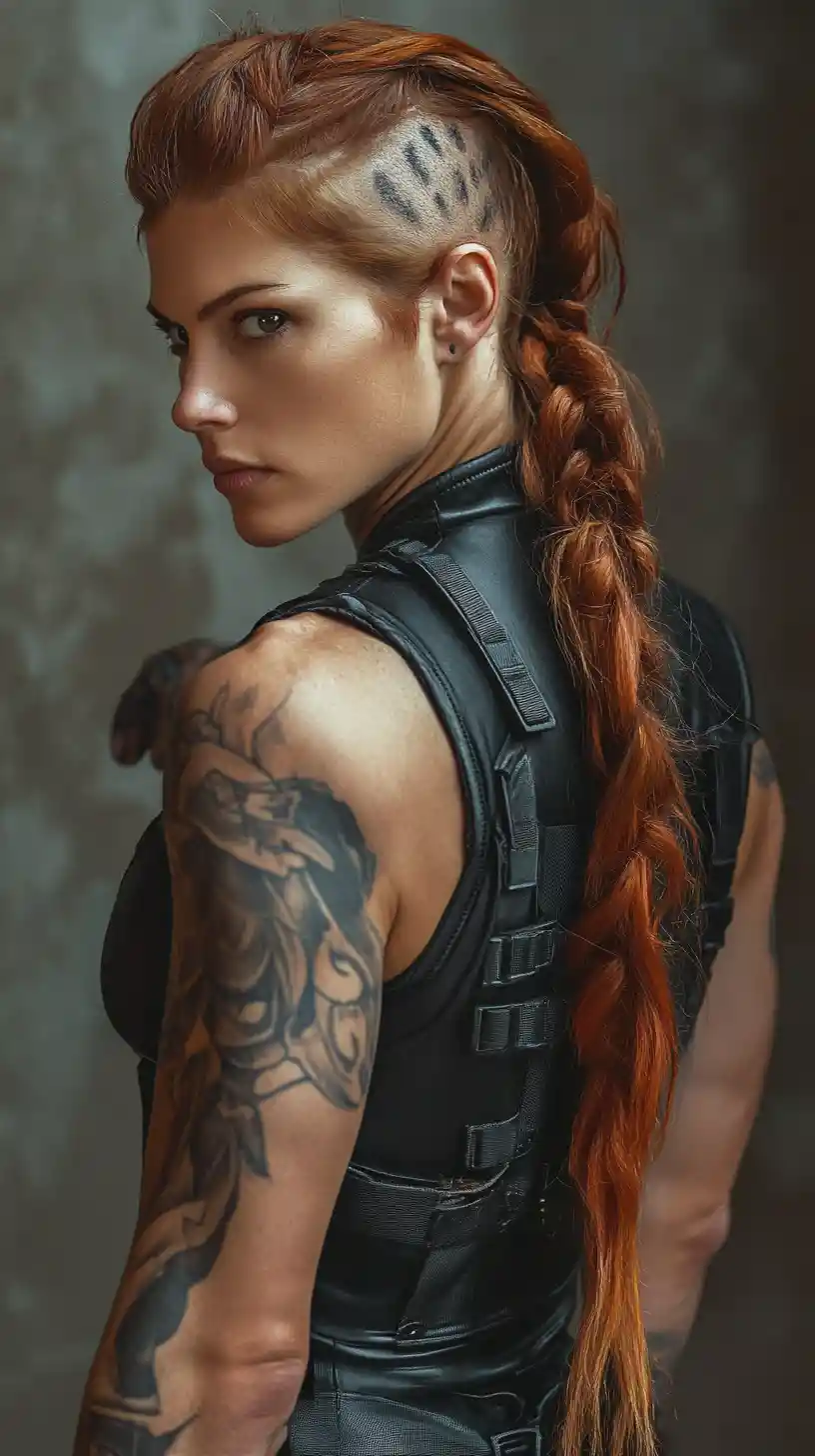 Sci fi woman in leather bodysuit with powerful muscular arms