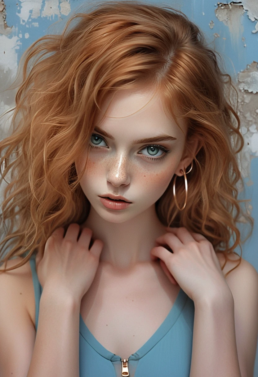 Retrato etéreo de garota ruiva diante de parede azul envelhecida