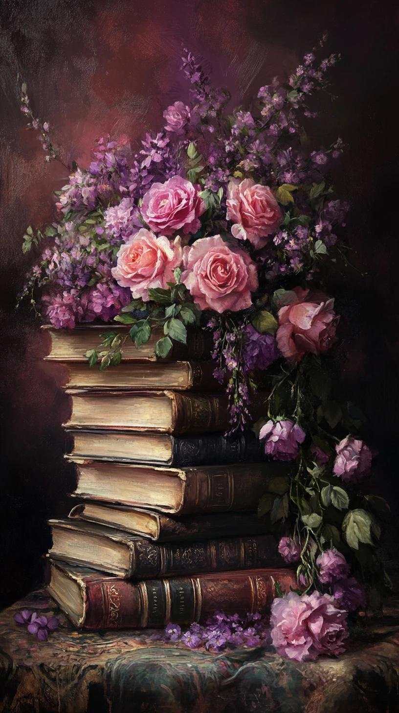Bodegón romántico con libros antiguos y rosas en flor
