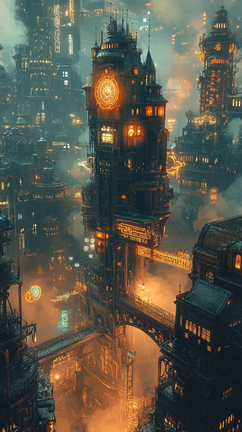 Majestic glass and water house above a steampunk city