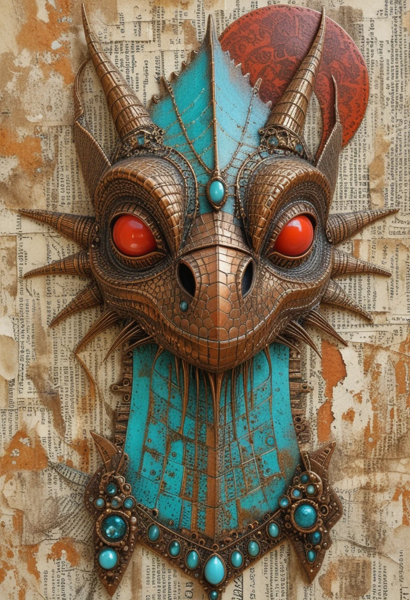 Mixed media profile portrait of a stylized fantasy dragon